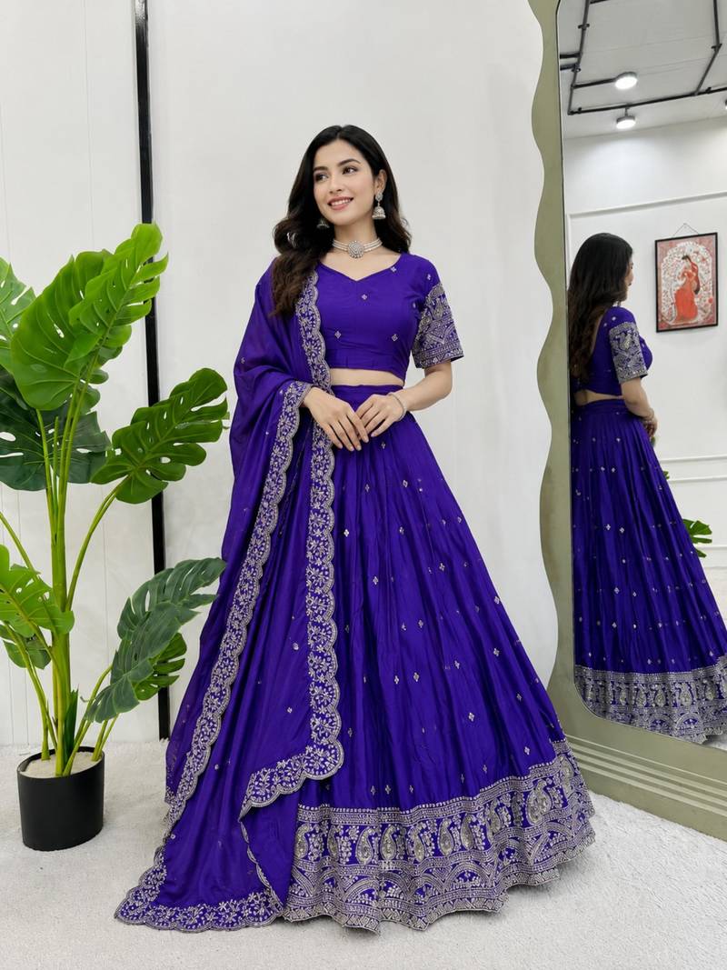 blue silk blend embroidered lehenga choli