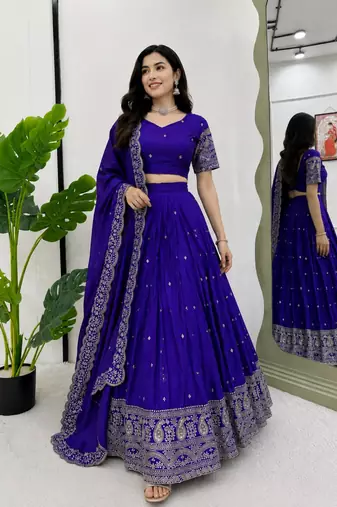 blue silk blend embroidered lehenga choli
