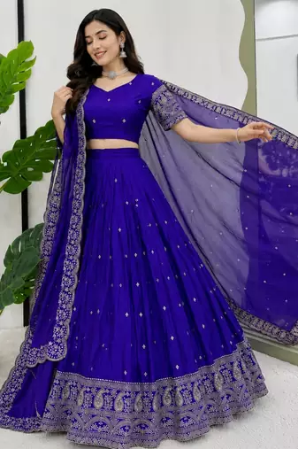 blue silk blend embroidered lehenga choli