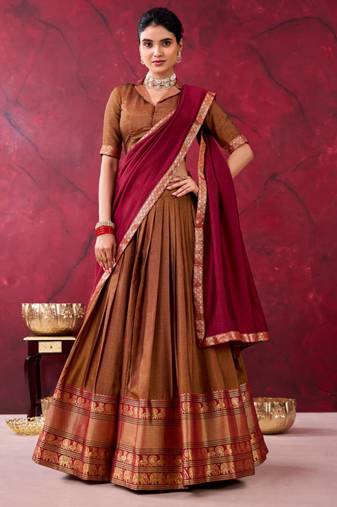brown cotton poly printed lehenga choli