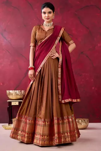 brown cotton poly printed lehenga choli