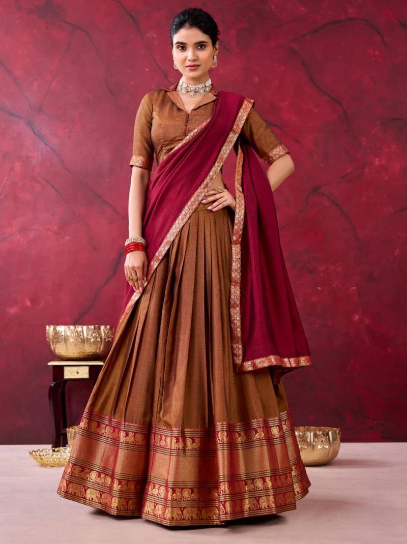 brown cotton poly printed lehenga choli
