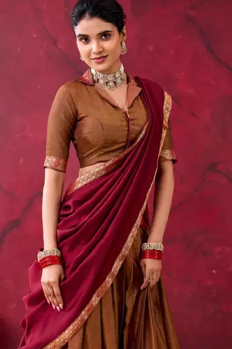 brown cotton poly printed lehenga choli