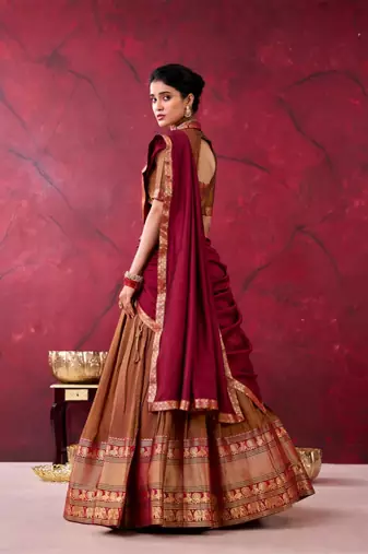 brown cotton poly printed lehenga choli