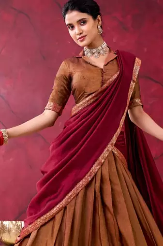 brown cotton poly printed lehenga choli
