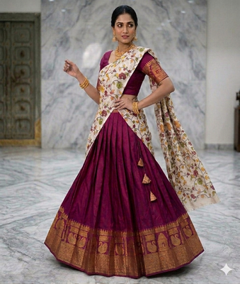 Wine Lehenga Choli Set with Floral Printed Dupatta and Contrast Zari Border Set 3