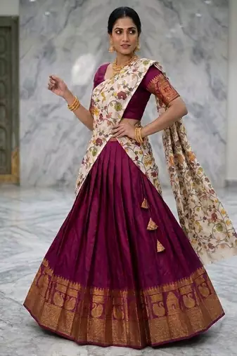 Wine Lehenga Choli Set with Floral Printed Dupatta and Contrast Zari Border Set
