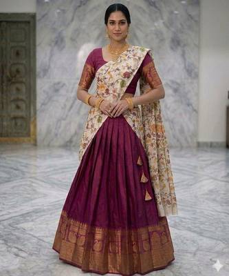 Wine Lehenga Choli Set with Floral Printed Dupatta and Contrast Zari Border Set 4