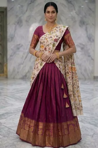 Wine Lehenga Choli Set with Floral Printed Dupatta and Contrast Zari Border Set