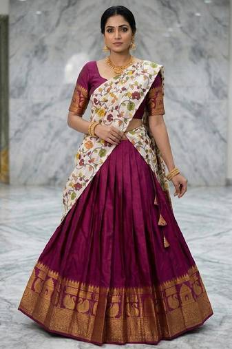 Wine Lehenga Choli Set with Floral Printed Dupatta and Contrast Zari Border Set