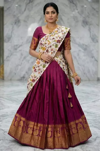 Wine Lehenga Choli Set with Floral Printed Dupatta and Contrast Zari Border Set