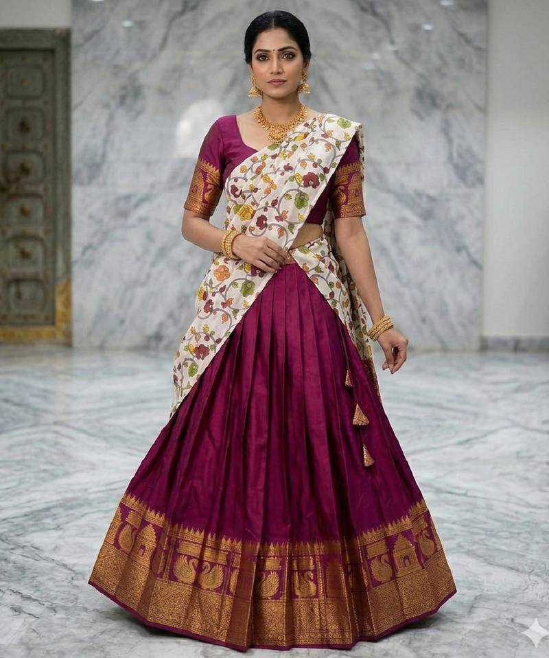 Wine Lehenga Choli Set with Floral Printed Dupatta and Contrast Zari Border Set