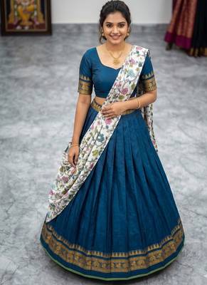 Teal Blue Lehenga Choli Set with Floral Printed Dupatta Set 1