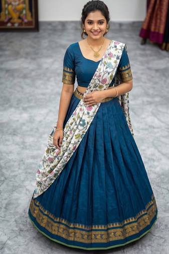 Teal Blue Lehenga Choli Set with Floral Printed Dupatta Set