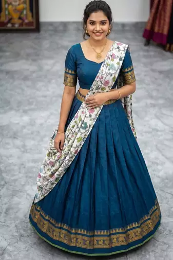 Teal Blue Lehenga Choli Set with Floral Printed Dupatta Set