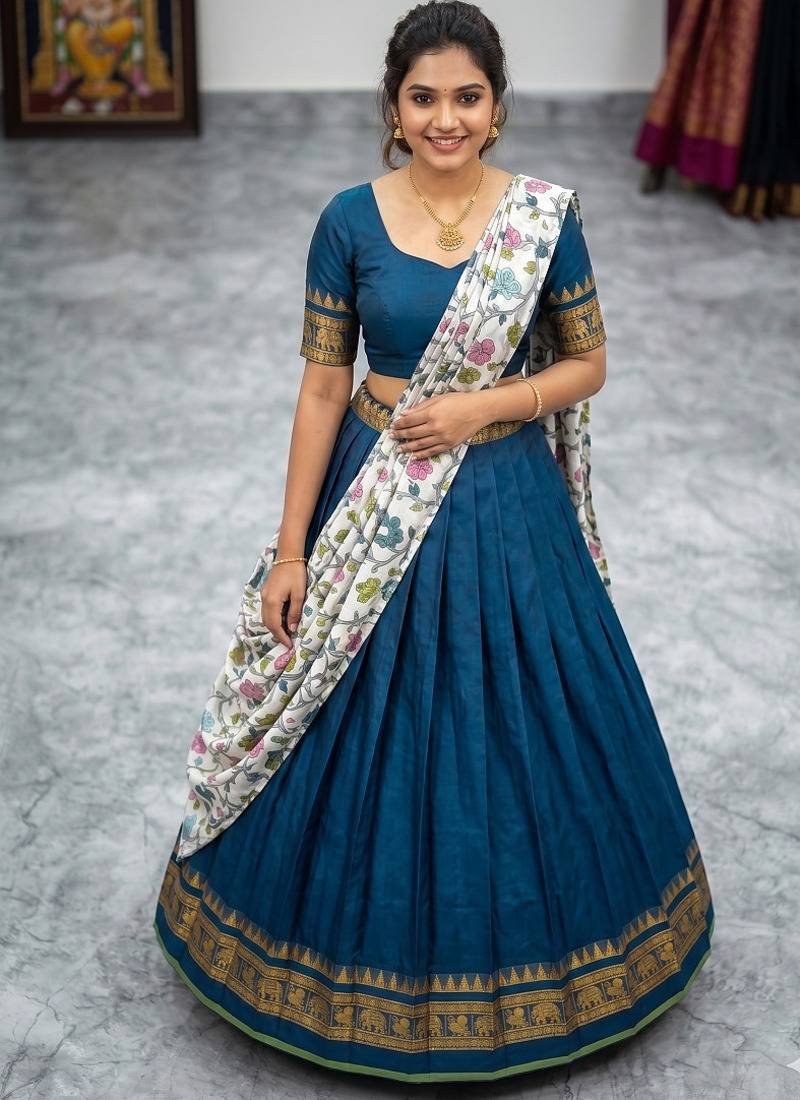 Teal Blue Lehenga Choli Set with Floral Printed Dupatta Set