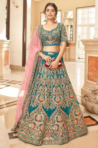 teal art silk embroidered lehenga choli