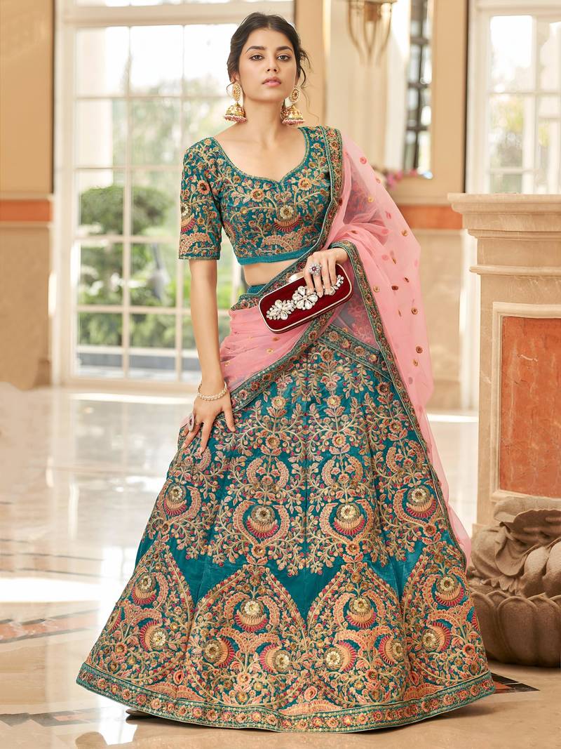 teal art silk embroidered lehenga choli