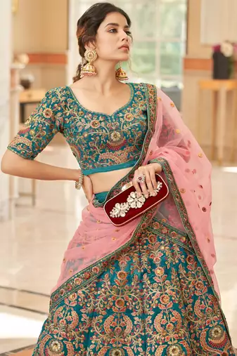 teal art silk embroidered lehenga choli