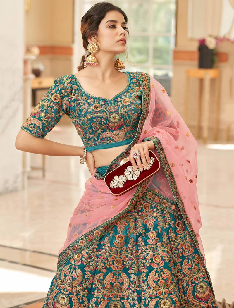 teal art silk embroidered lehenga choli