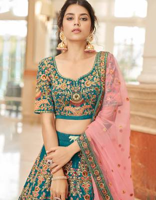 teal art silk embroidered lehenga choli 4