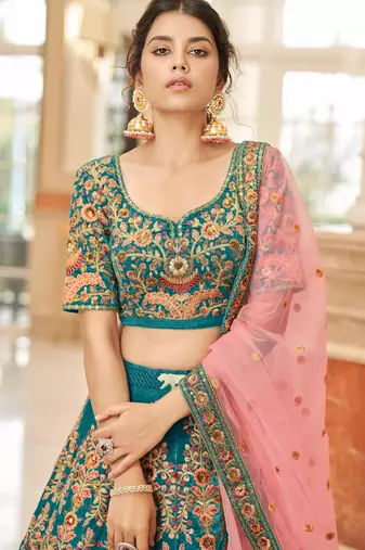 teal art silk embroidered lehenga choli