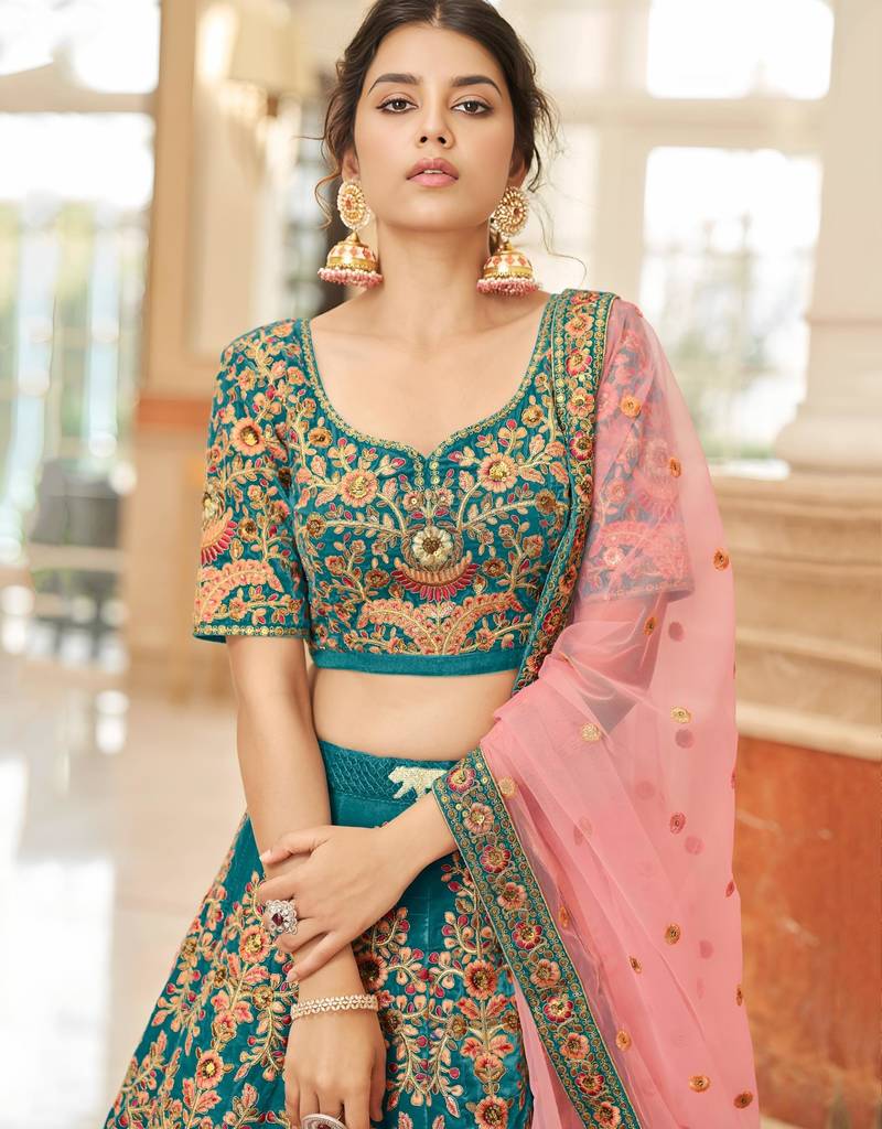 teal art silk embroidered lehenga choli