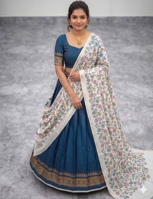 Teal Blue Lehenga Choli Set with Floral Printed Dupatta Set 3