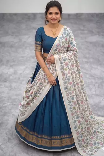 Teal Blue Lehenga Choli Set with Floral Printed Dupatta Set