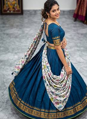 Teal Blue Lehenga Choli Set with Floral Printed Dupatta Set 4
