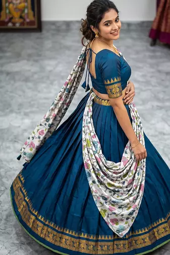 Teal Blue Lehenga Choli Set with Floral Printed Dupatta Set