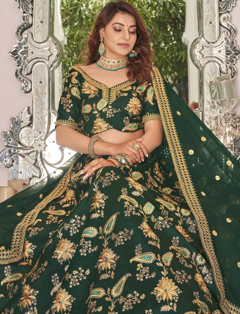 dark green art silk embroidered lehenga choli