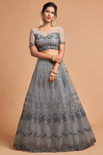 grey art silk embroidered lehenga choli