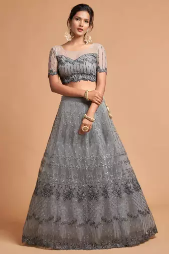 grey art silk embroidered lehenga choli
