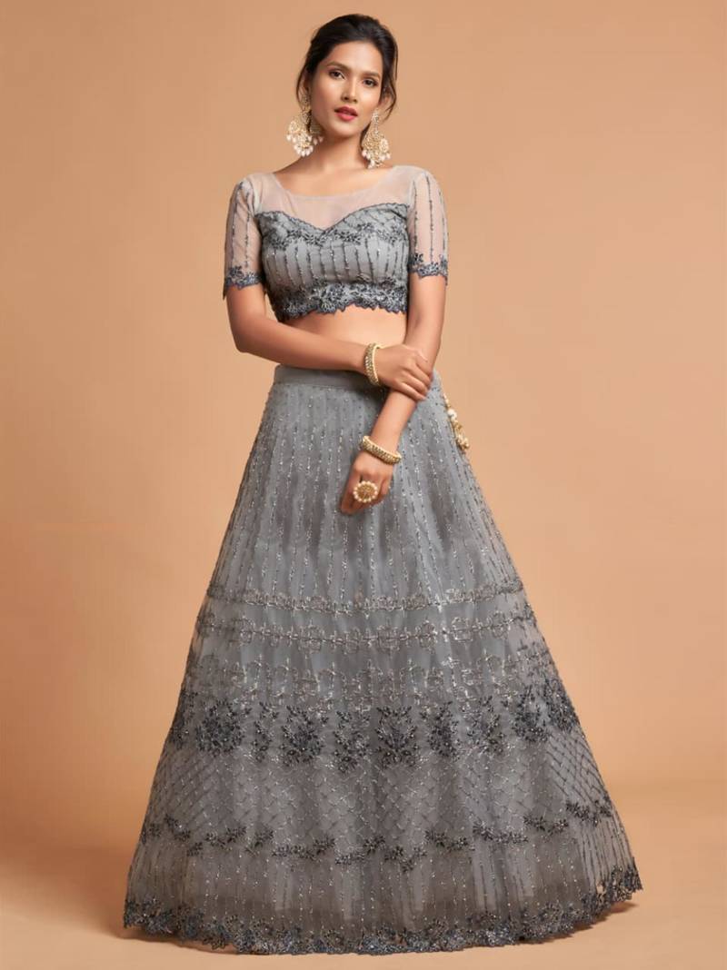 grey art silk embroidered lehenga choli