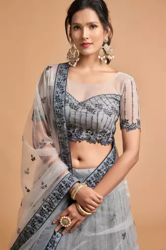 grey art silk embroidered lehenga choli