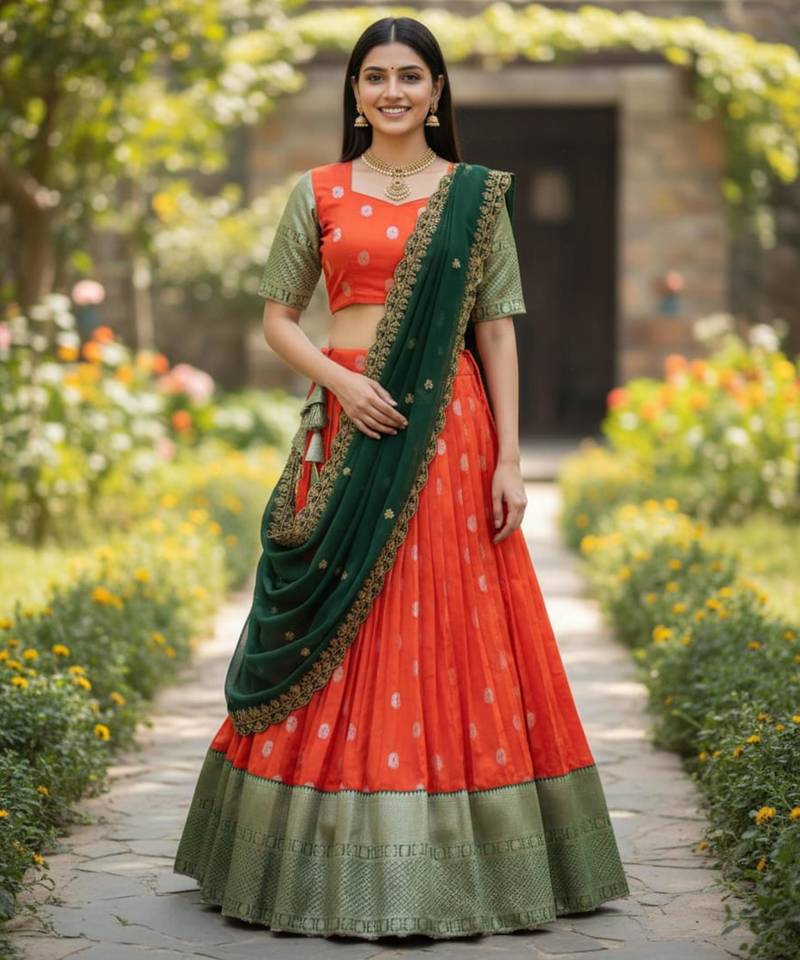 orange art silk plain lehenga choli