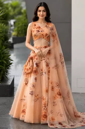 orange organza printed lehenga choli