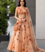 orange organza printed lehenga choli with free size upto 40