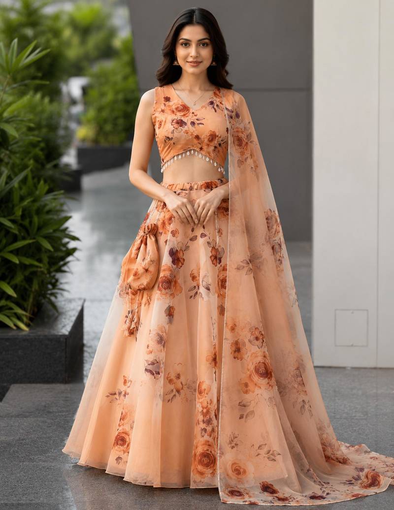 orange organza printed lehenga choli