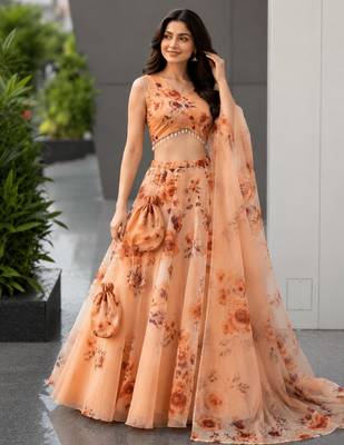 orange organza printed lehenga choli with free size upto 40 2