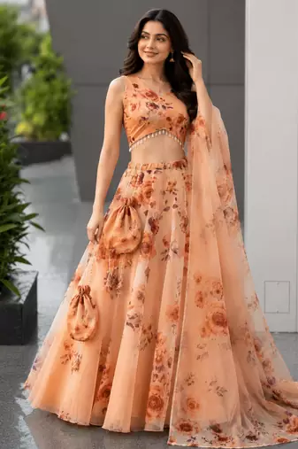 orange organza printed lehenga choli