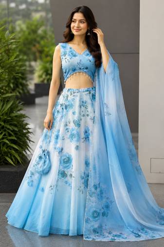 blue organza printed lehenga choli