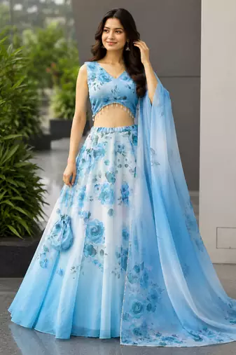 blue organza printed lehenga choli