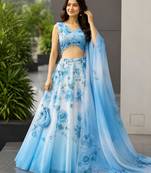 blue organza printed lehenga choli