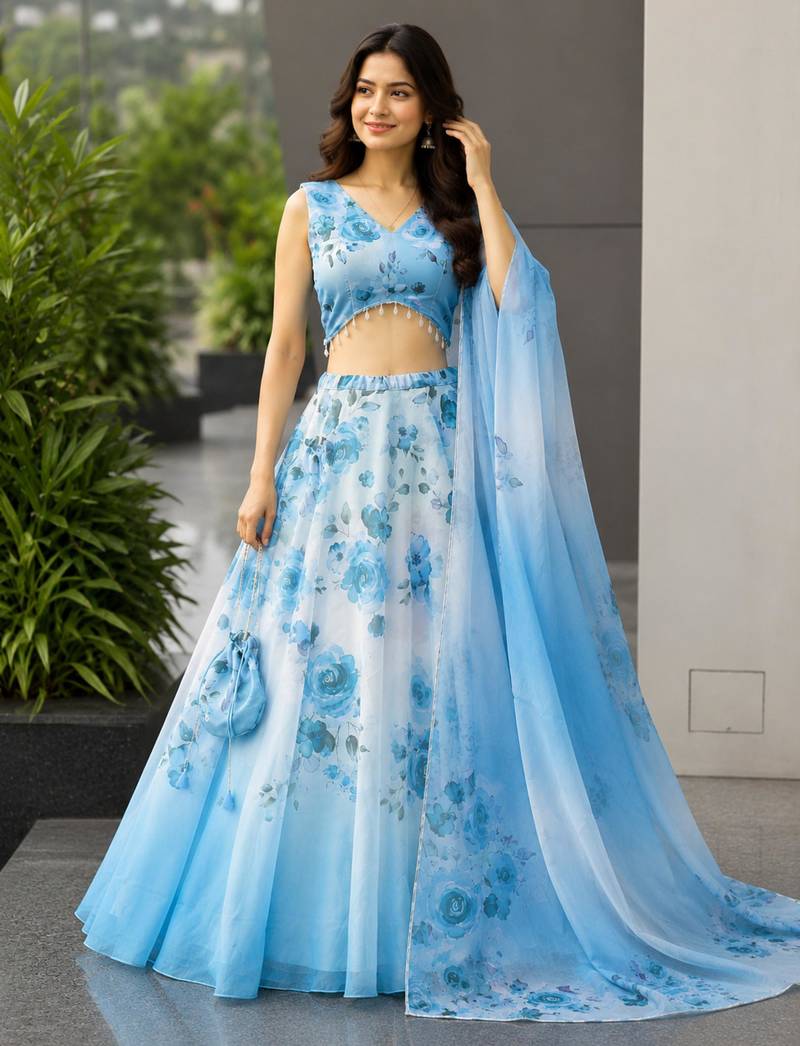 blue organza printed lehenga choli