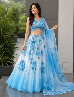 blue organza printed lehenga choli 2