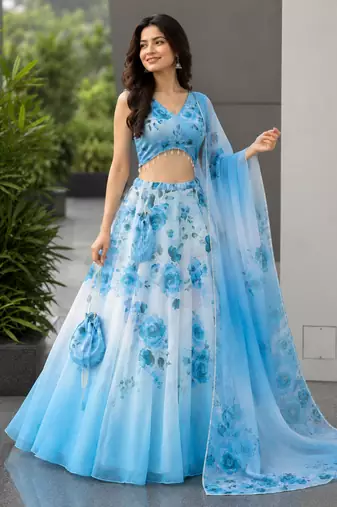 blue organza printed lehenga choli