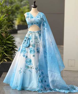 blue organza printed lehenga choli 3