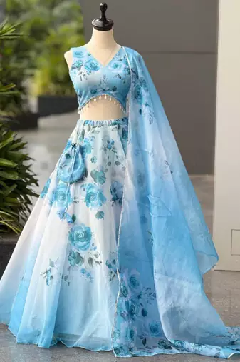 blue organza printed lehenga choli